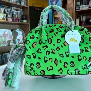 Green Leopard Print Women's Bag with Crossbody Strap and Matching Wallet